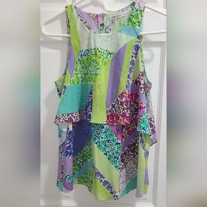 Trina Turk Multicolor Floral Geo Ruffle Camisole in Lime, Purple, Teal and Pink